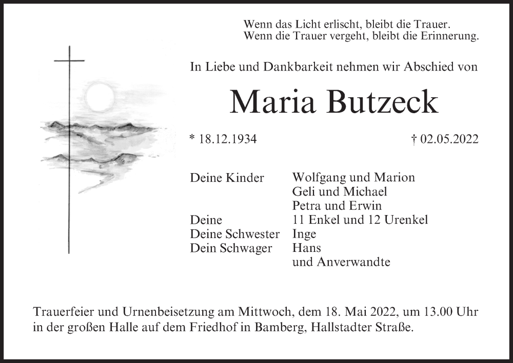  Traueranzeige für Maria Butzeck vom 14.05.2022 aus MGO