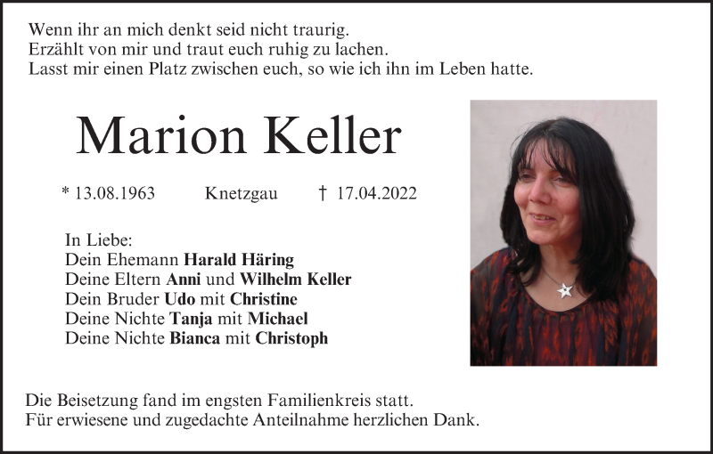  Traueranzeige für Marion Keller vom 30.04.2022 aus MGO