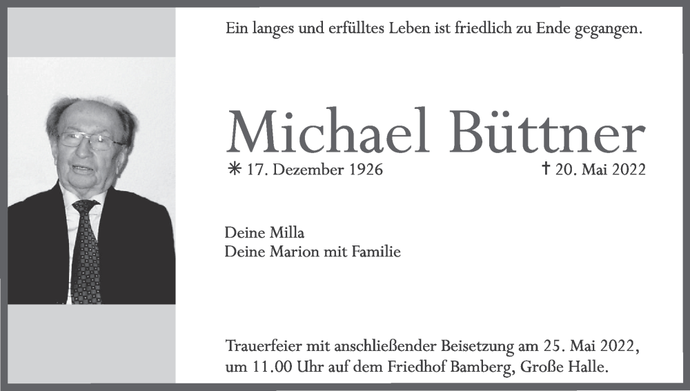  Traueranzeige für Michael Büttner vom 21.05.2022 aus MGO