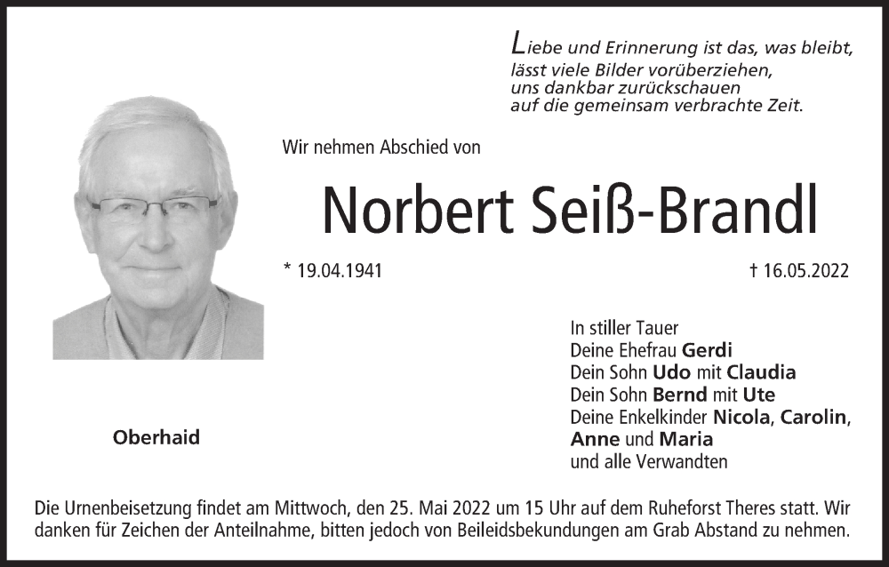  Traueranzeige für Norbert Seiß-Brandl vom 21.05.2022 aus MGO