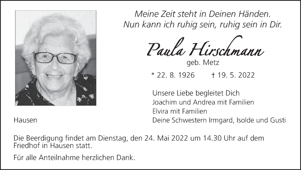  Traueranzeige für Paula Hirschmann vom 21.05.2022 aus MGO