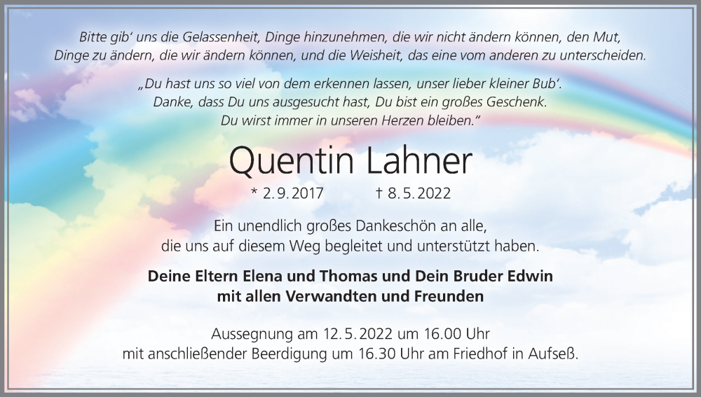  Traueranzeige für Quentin Lahner vom 11.05.2022 aus MGO