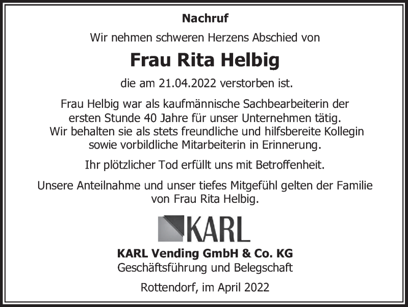  Traueranzeige für Rita Helbig vom 30.04.2022 aus MGO