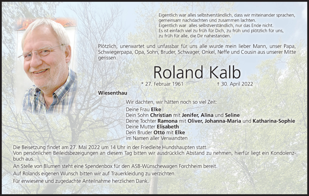  Traueranzeige für Roland Kalb vom 14.05.2022 aus MGO
