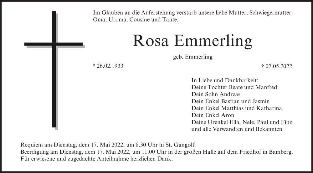  Traueranzeige für Rosa Emmerling vom 14.05.2022 aus MGO