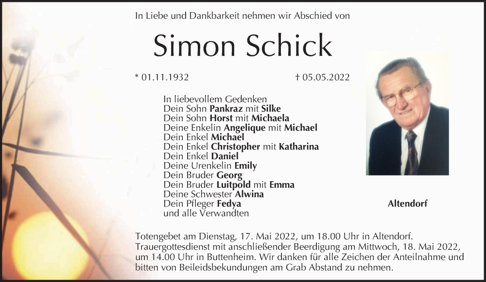  Traueranzeige für Simon Schick vom 14.05.2022 aus MGO