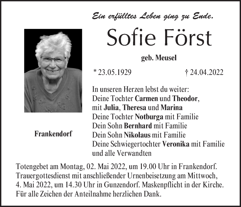  Traueranzeige für Sofie Först vom 30.04.2022 aus MGO