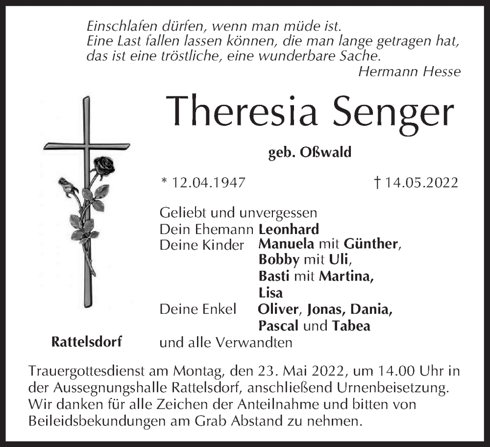  Traueranzeige für Theresia Senger vom 20.05.2022 aus MGO