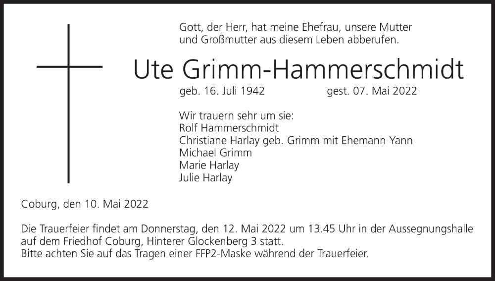  Traueranzeige für Ute Grimm-Hammerschmidt vom 10.05.2022 aus MGO