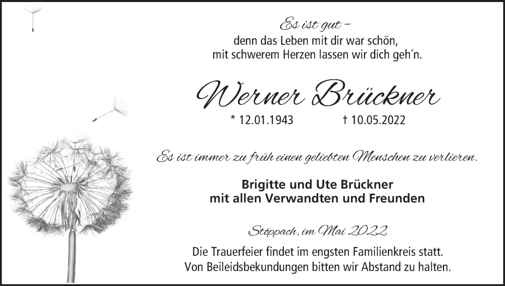  Traueranzeige für Werner Brückner vom 13.05.2022 aus MGO