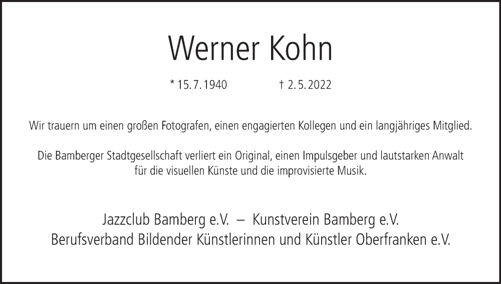  Traueranzeige für Werner Kohn vom 07.05.2022 aus MGO