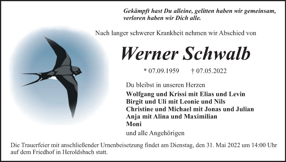  Traueranzeige für Werner Schwalb vom 21.05.2022 aus MGO