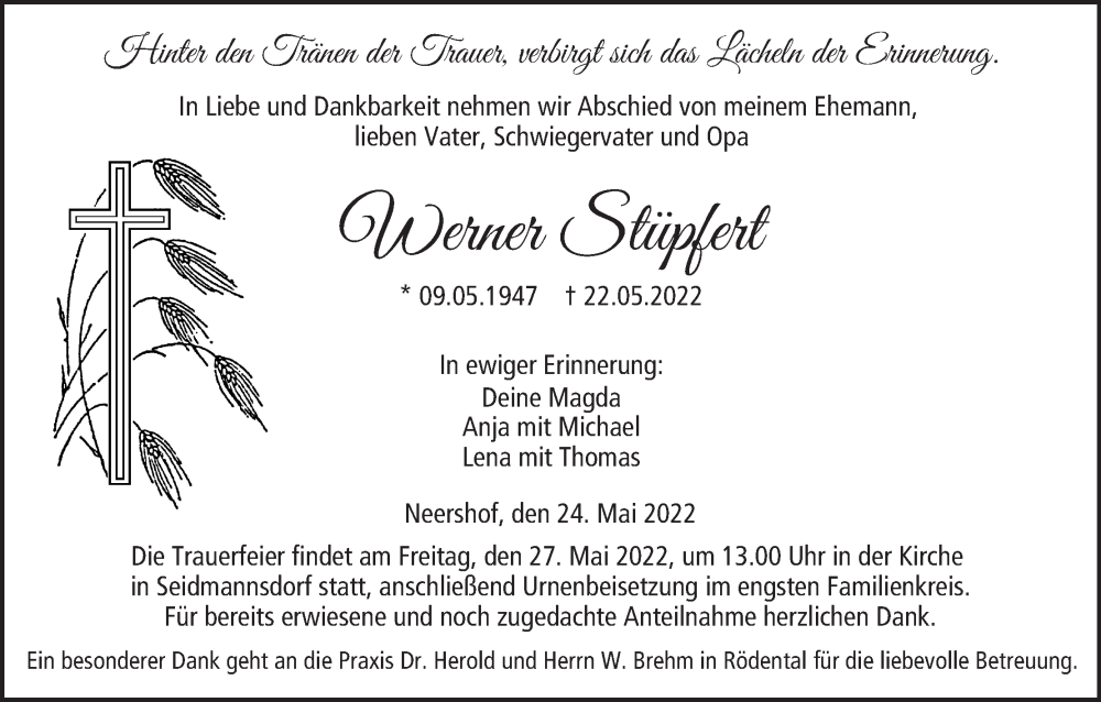  Traueranzeige für Werner Stüpfert vom 24.05.2022 aus MGO