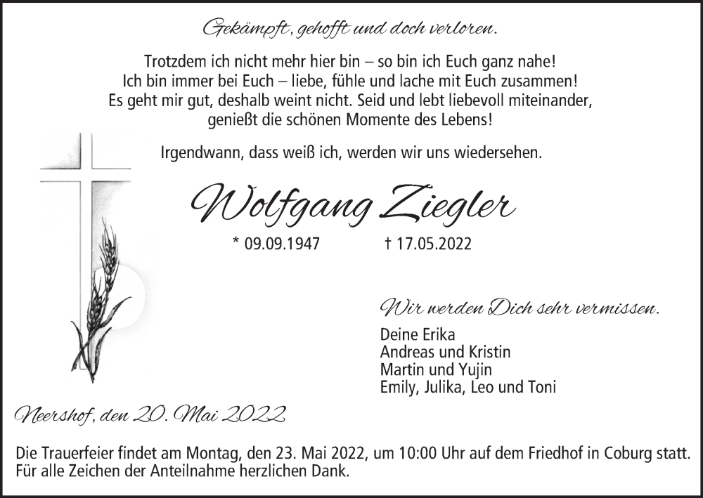  Traueranzeige für Wolfgang Ziegler vom 20.05.2022 aus MGO