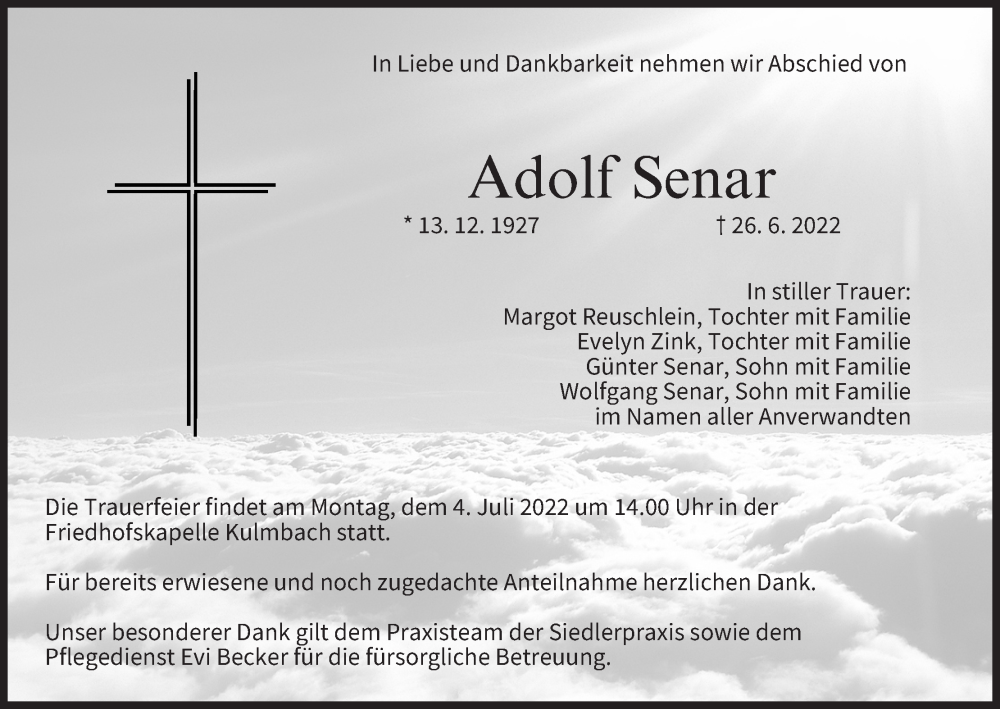  Traueranzeige für Adolf Senar vom 29.06.2022 aus MGO