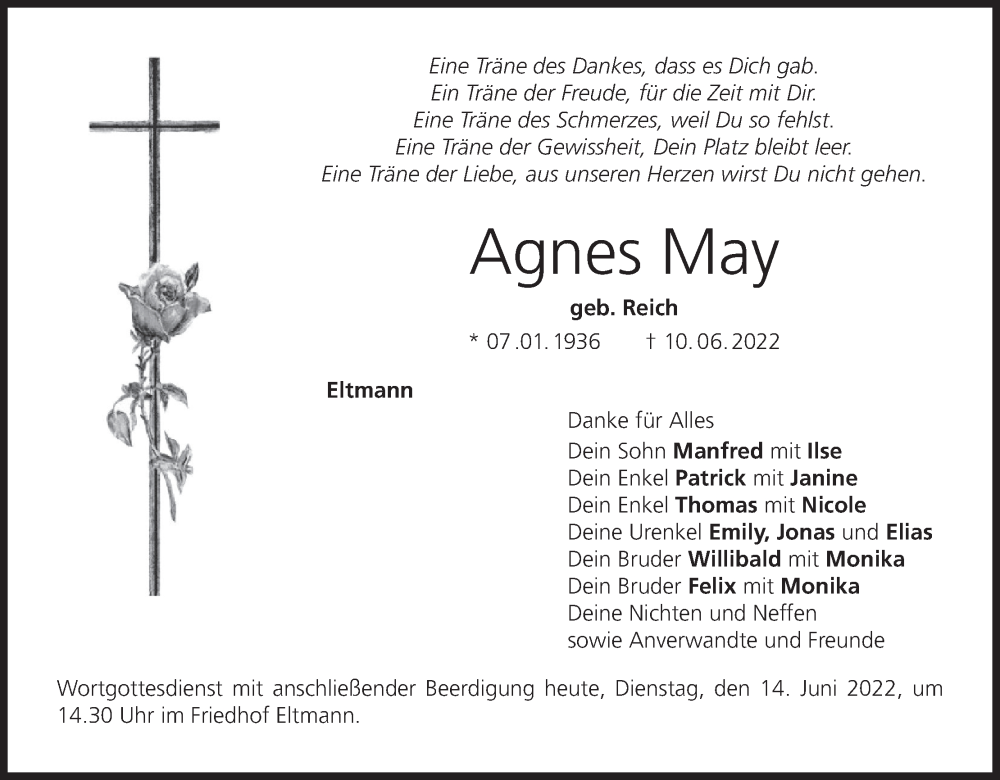  Traueranzeige für Agnes May vom 14.06.2022 aus MGO
