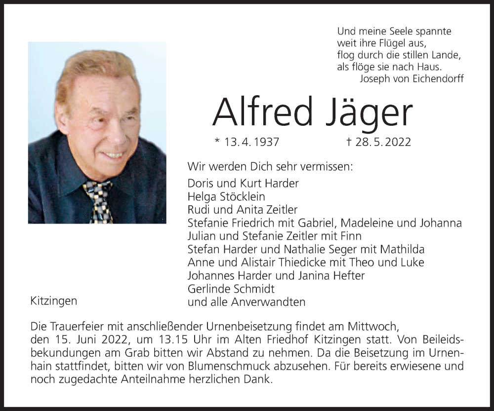  Traueranzeige für Alfred Jäger vom 11.06.2022 aus MGO
