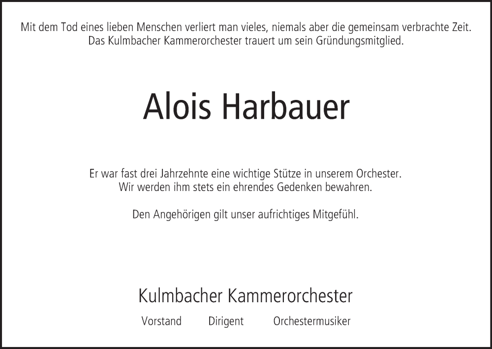  Traueranzeige für Alois Harbauer vom 03.06.2022 aus MGO