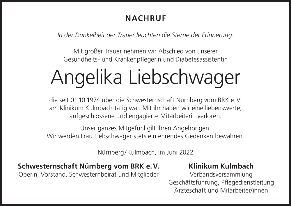  Traueranzeige für Angelika Liebschwager vom 22.06.2022 aus MGO