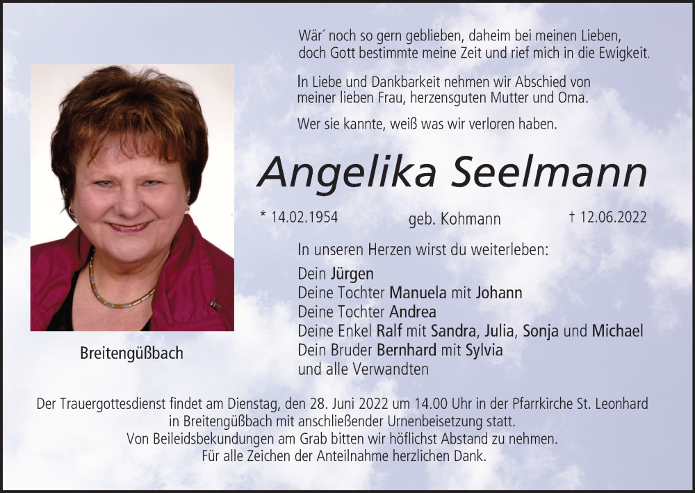  Traueranzeige für Angelika Seelmann vom 25.06.2022 aus MGO