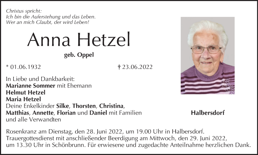  Traueranzeige für Anna Hetzel vom 25.06.2022 aus MGO