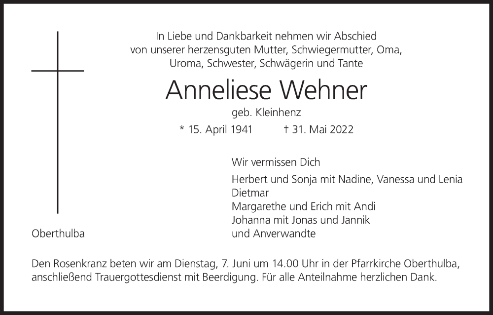  Traueranzeige für Anneliese Wehner vom 03.06.2022 aus MGO