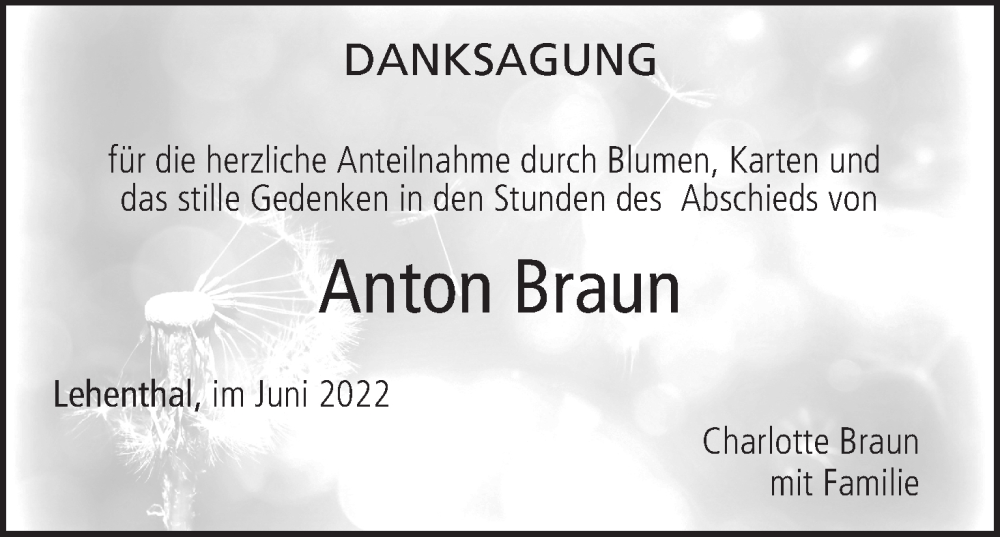  Traueranzeige für Anton Braun vom 25.06.2022 aus MGO