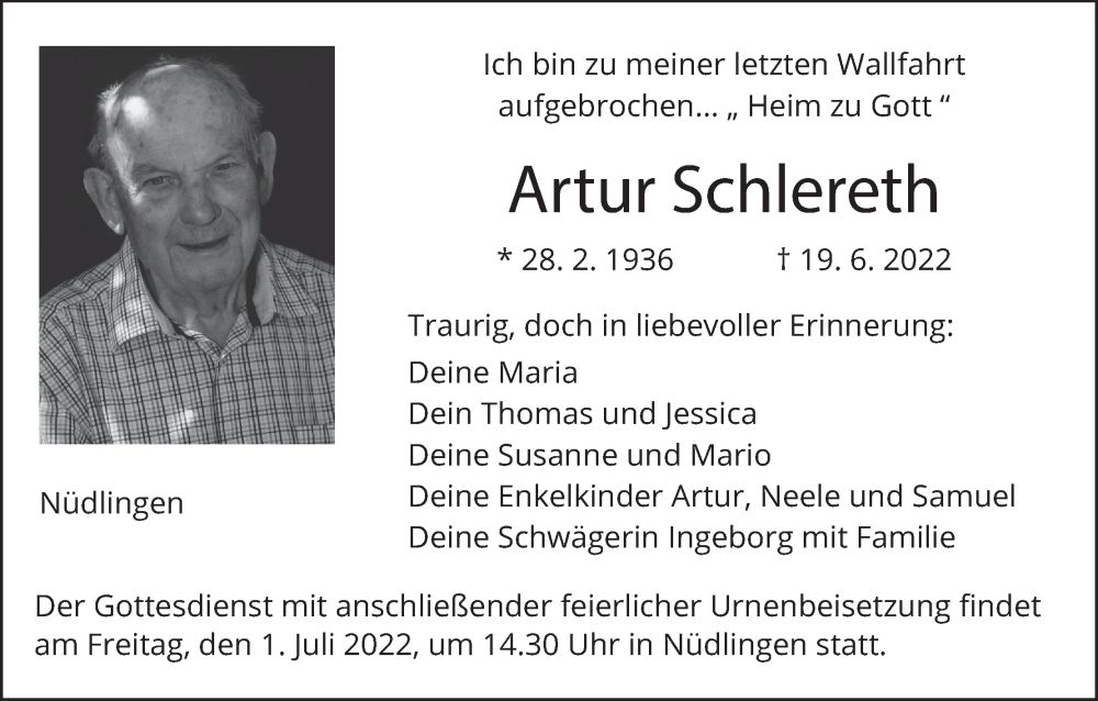  Traueranzeige für Artur Schlereth vom 25.06.2022 aus MGO
