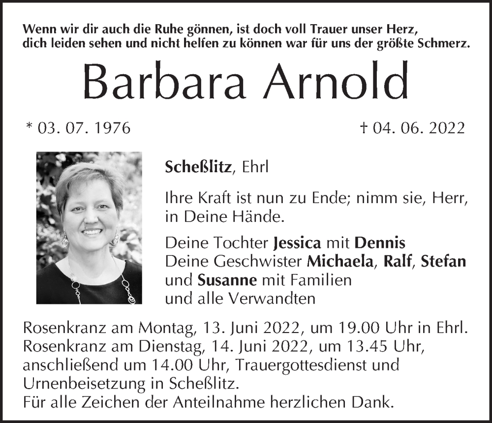  Traueranzeige für Barbara Arnold vom 10.06.2022 aus MGO