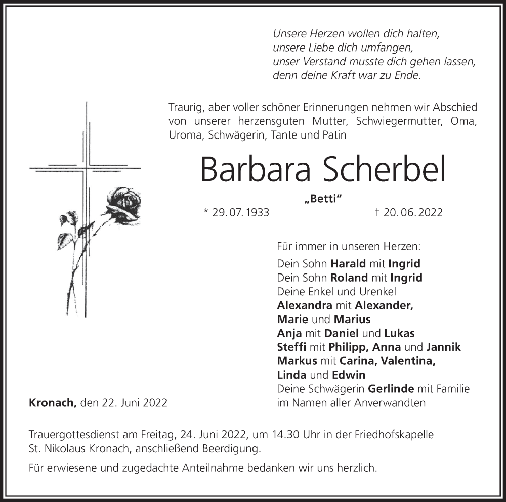  Traueranzeige für Barbara Scherbel vom 22.06.2022 aus MGO