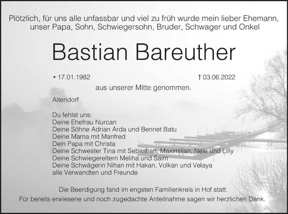  Traueranzeige für Bastian Bareuther vom 18.06.2022 aus MGO