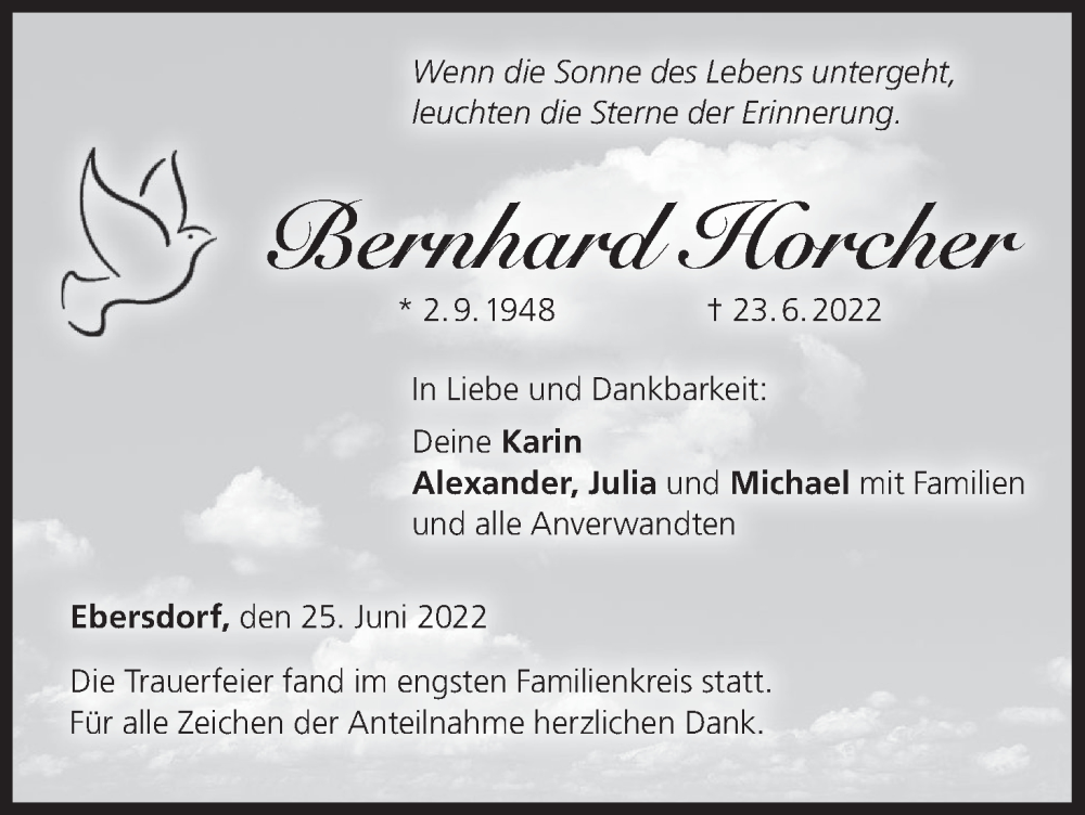  Traueranzeige für Bernhard Horcher vom 25.06.2022 aus MGO