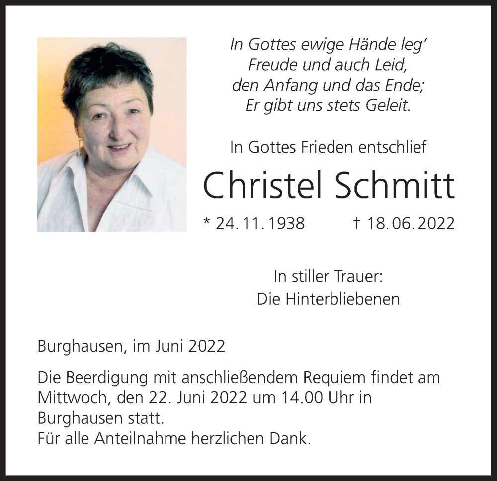  Traueranzeige für Christel Schmitt vom 21.06.2022 aus MGO