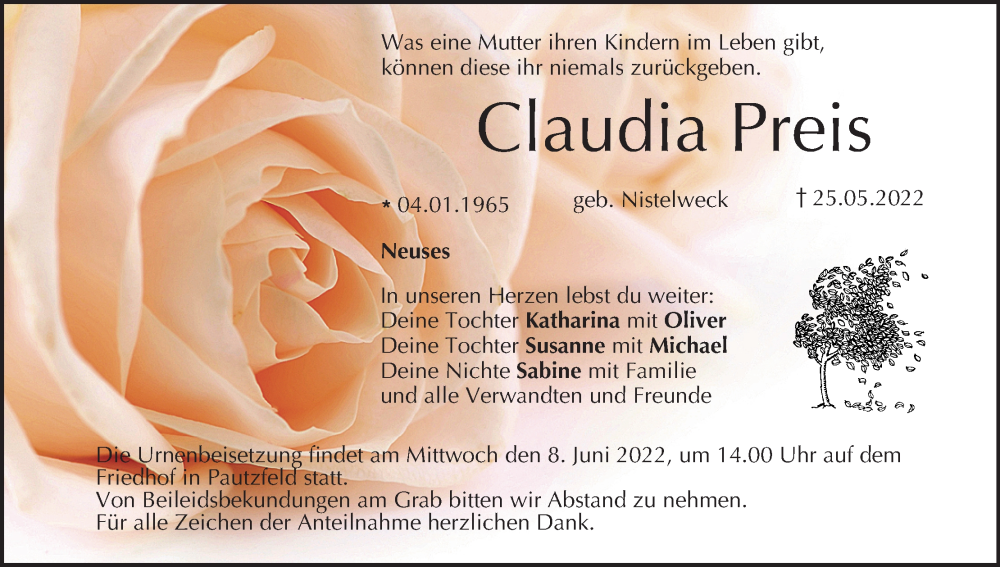  Traueranzeige für Claudia Preis vom 04.06.2022 aus MGO