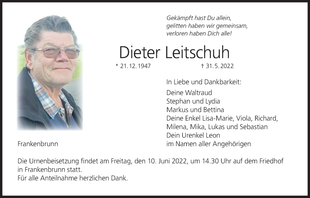  Traueranzeige für Dieter Leitschuh vom 04.06.2022 aus MGO