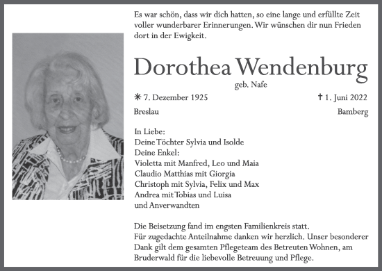 Anzeige von Dorothea Wendenburg von MGO