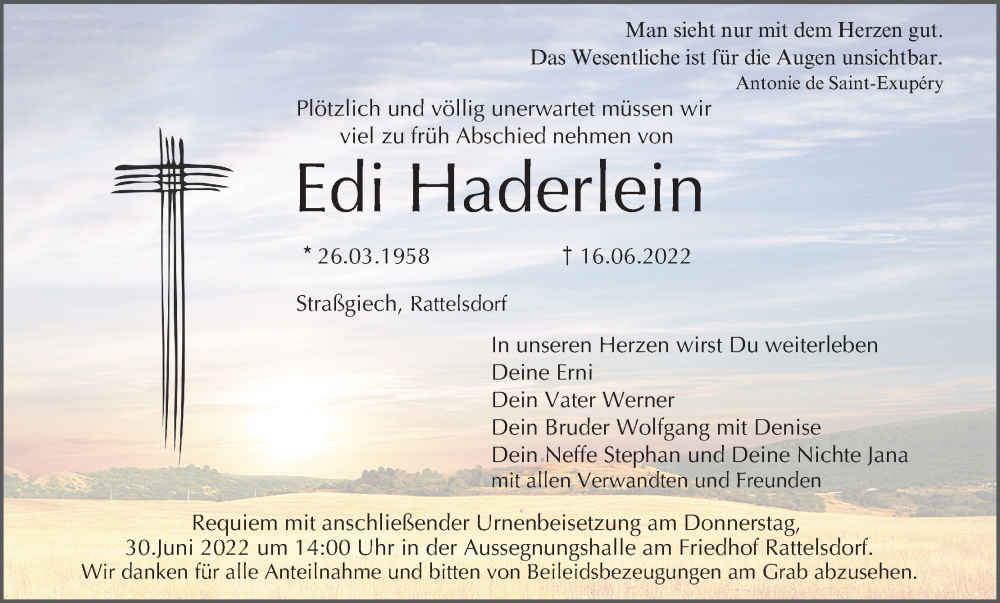  Traueranzeige für Edi Haderlein vom 25.06.2022 aus MGO