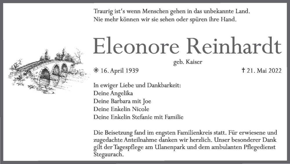  Traueranzeige für Eleonore Reinhardt vom 04.06.2022 aus MGO