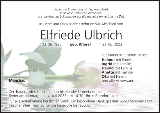 Anzeige von Elfriede Ulbrich von MGO