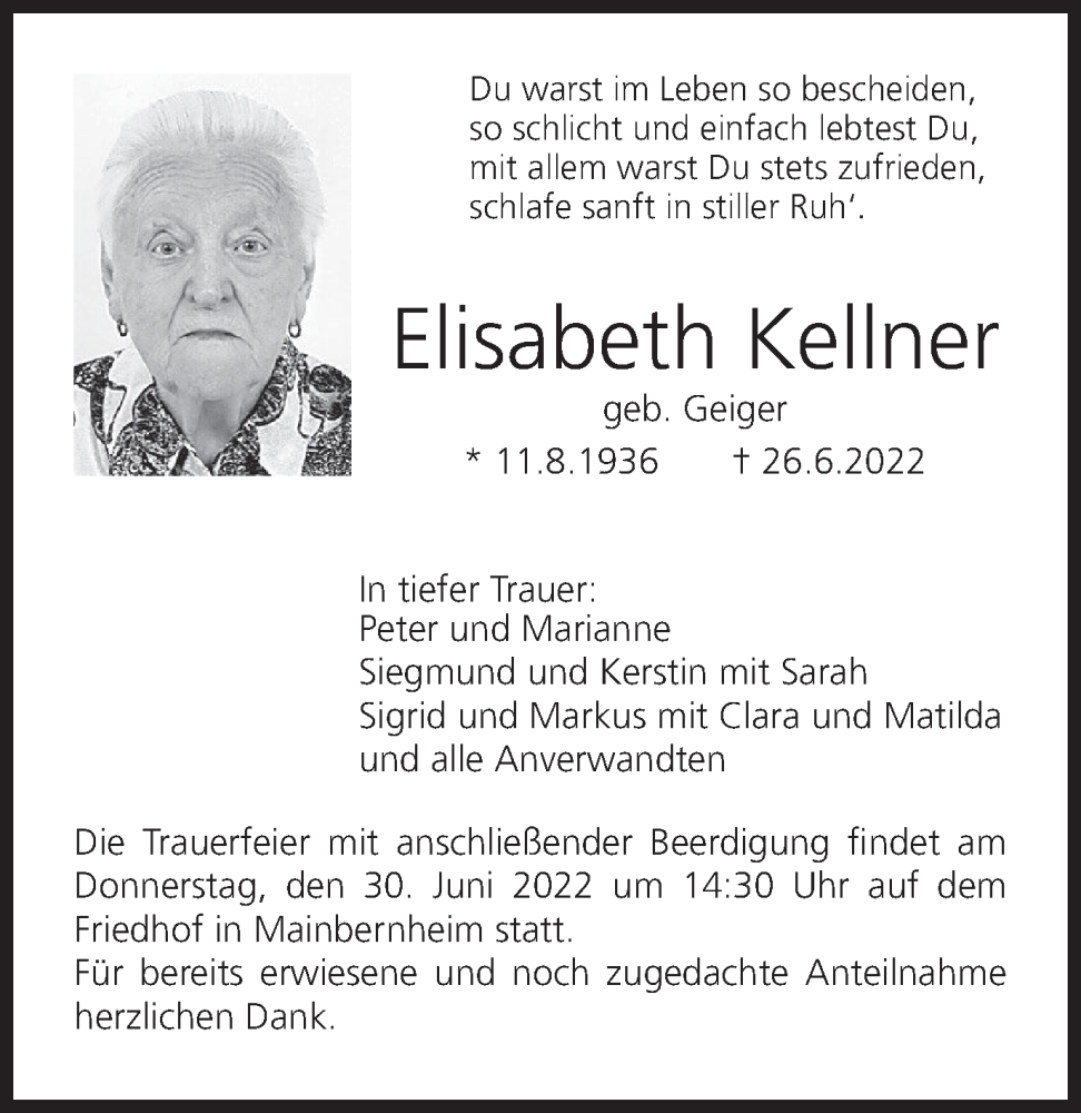 Traueranzeige für Elisabeth Kellner vom 29.06.2022 aus MGO
