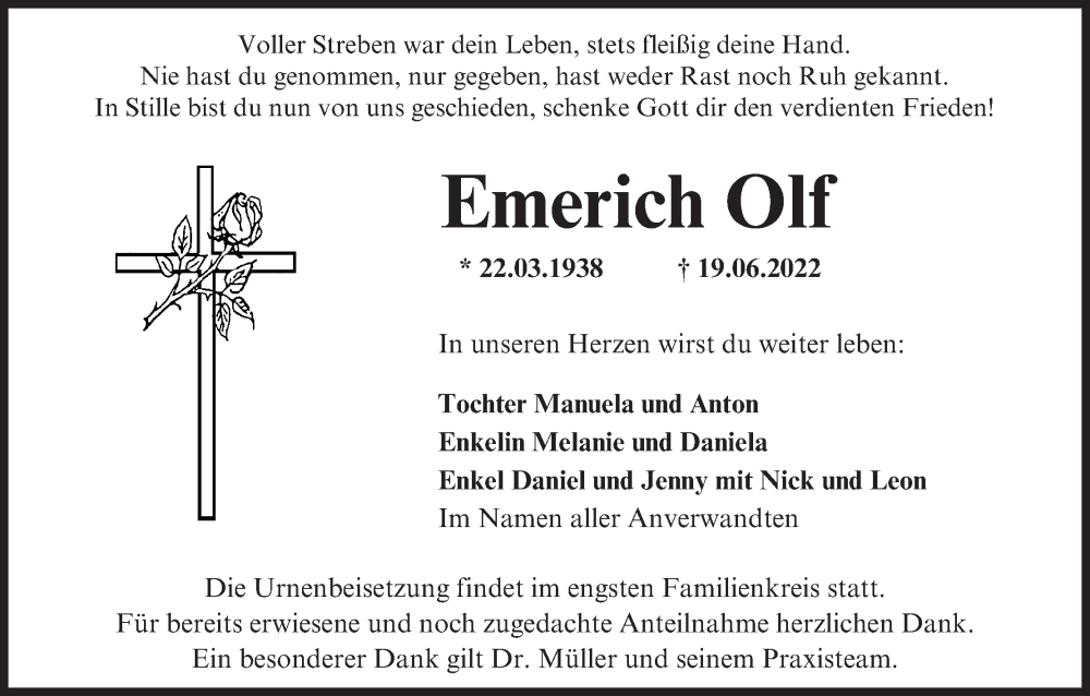  Traueranzeige für Emerich Olf vom 25.06.2022 aus MGO