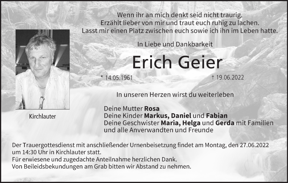 Traueranzeige für Erich Geier vom 25.06.2022 aus MGO