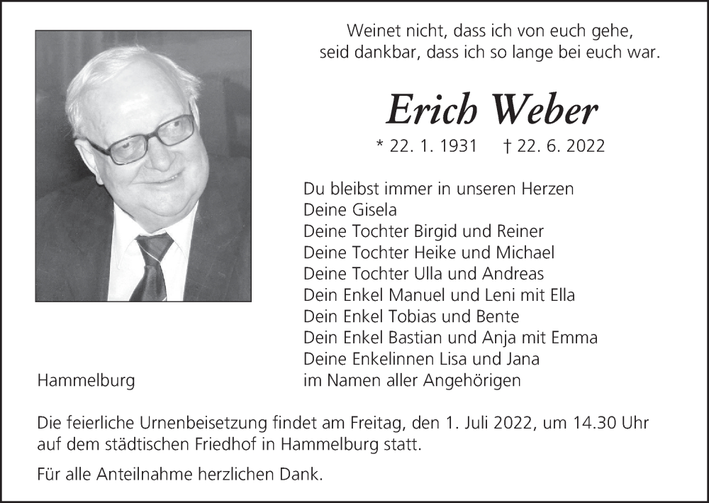  Traueranzeige für Erich Weber vom 25.06.2022 aus MGO