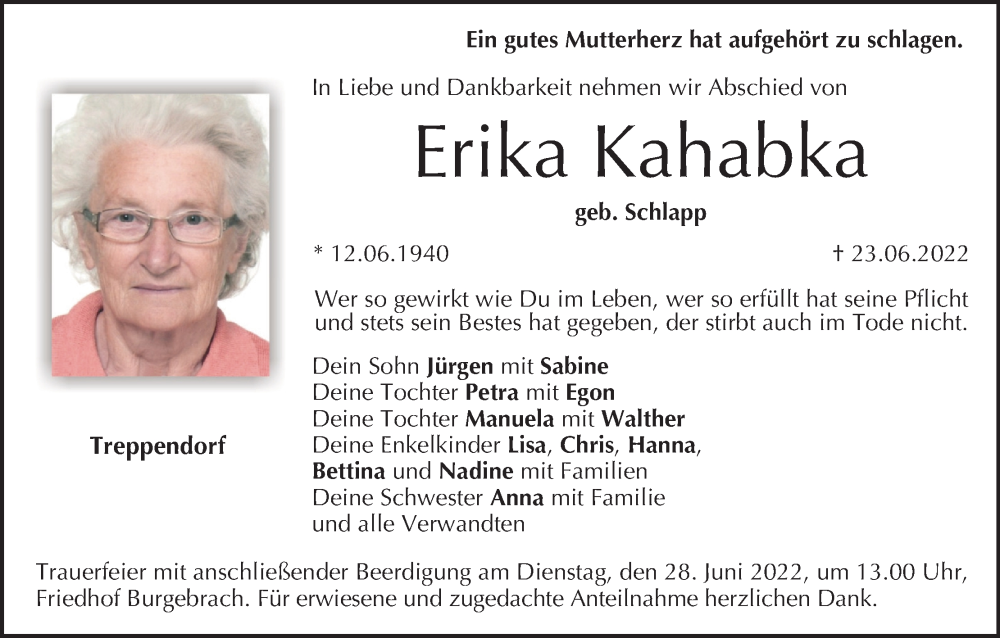  Traueranzeige für Erika Kahabka vom 25.06.2022 aus MGO