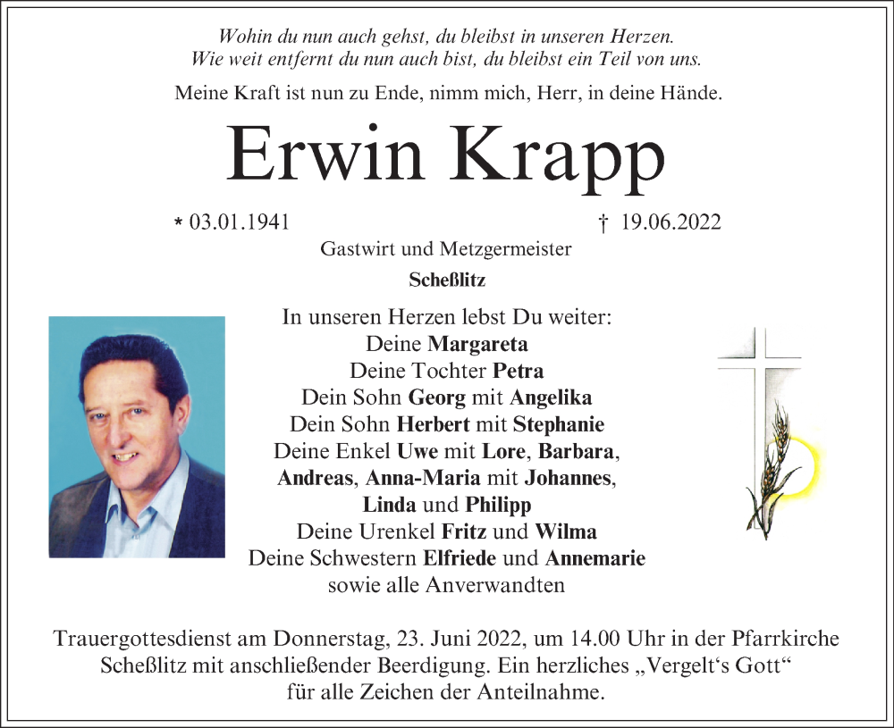  Traueranzeige für Erwin Krapp vom 22.06.2022 aus MGO