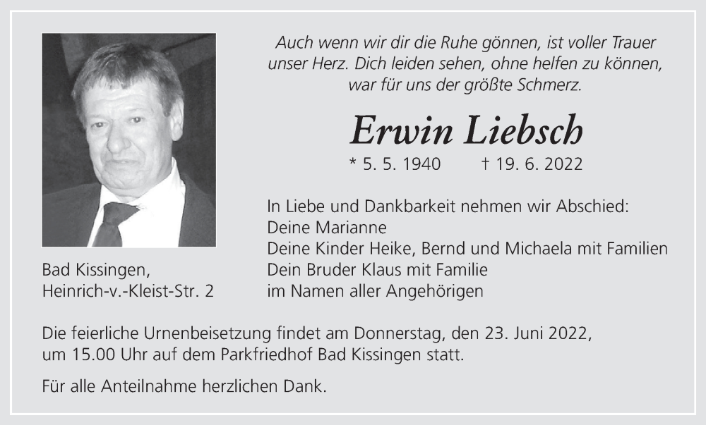  Traueranzeige für Erwin Liebsch vom 21.06.2022 aus MGO