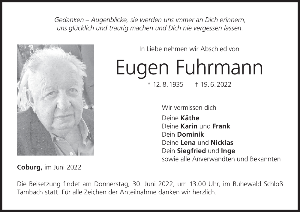  Traueranzeige für Eugen Fuhrmann vom 25.06.2022 aus MGO