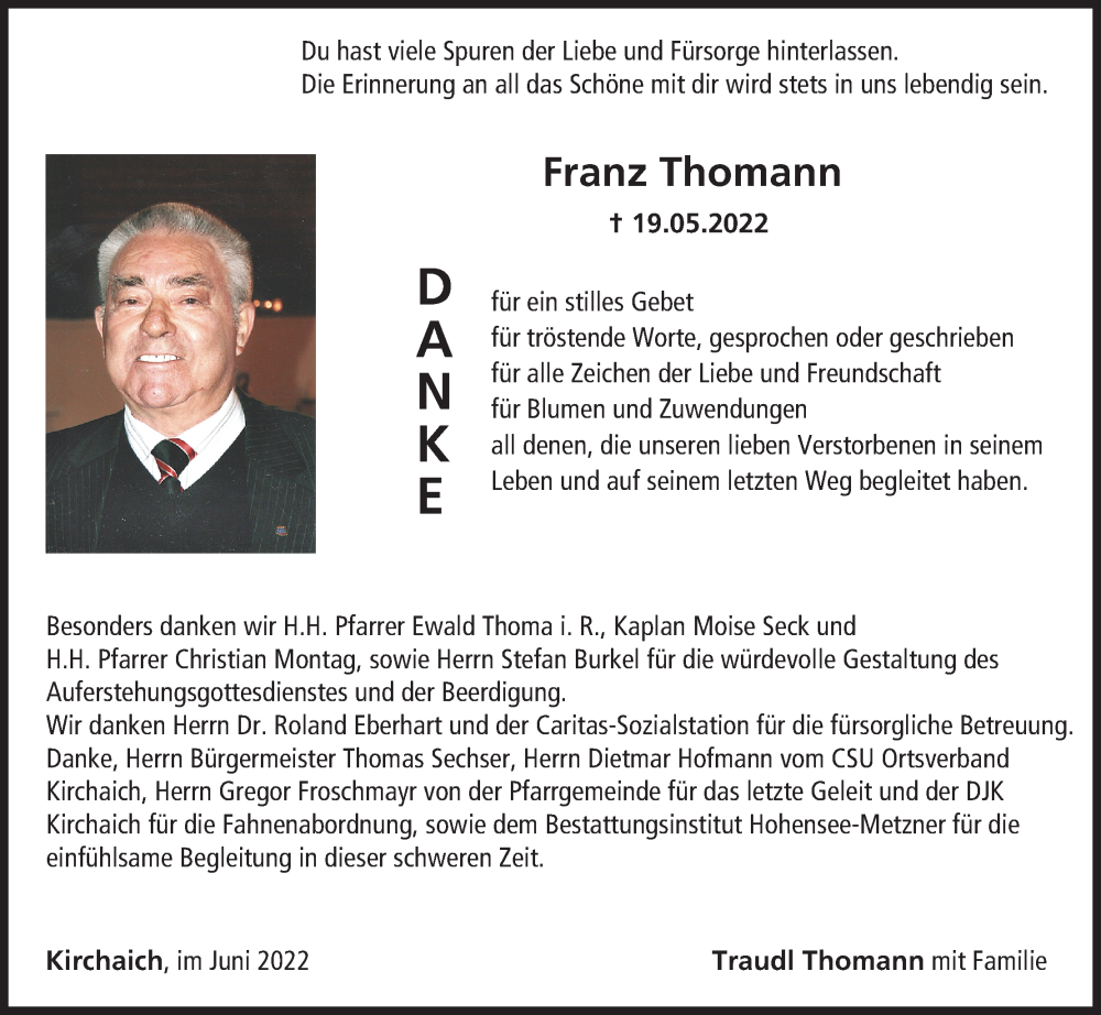  Traueranzeige für Franz Thomann vom 18.06.2022 aus MGO