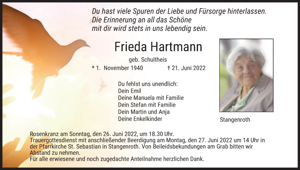  Traueranzeige für Frieda Hartmann vom 25.06.2022 aus MGO