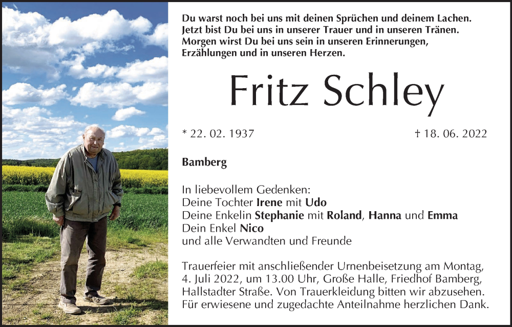  Traueranzeige für Fritz Schley vom 25.06.2022 aus MGO